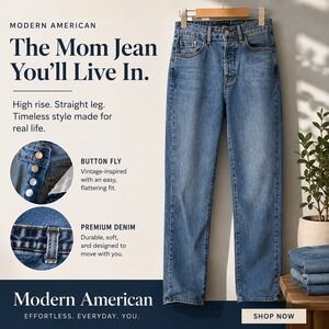 Modern American Bancroft The Mom Jeans High Rise Straight Leg Blue‎ Denim 26